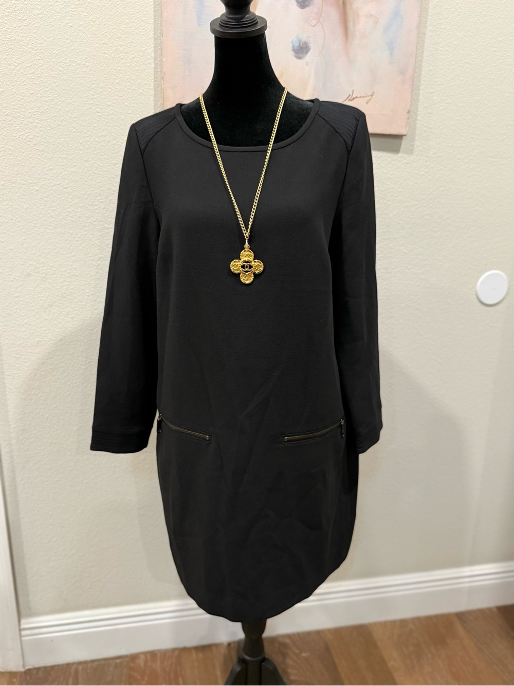 Madewell Black Long-Sleeve Shift Dress with Gold Zip Detail